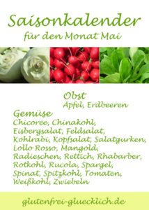 Der Saisonkalender Mai von glutenfrei-gluecklich.de zeigt euch welche heimischen Obst- und Gemüsesorten im April Saison haben und regional frisch erhältlich sind.
